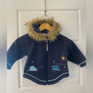 INUK Toddler Size 2 Navy Fleece Jacket Faux Fur Hood Embroidered Arctic Scenery
